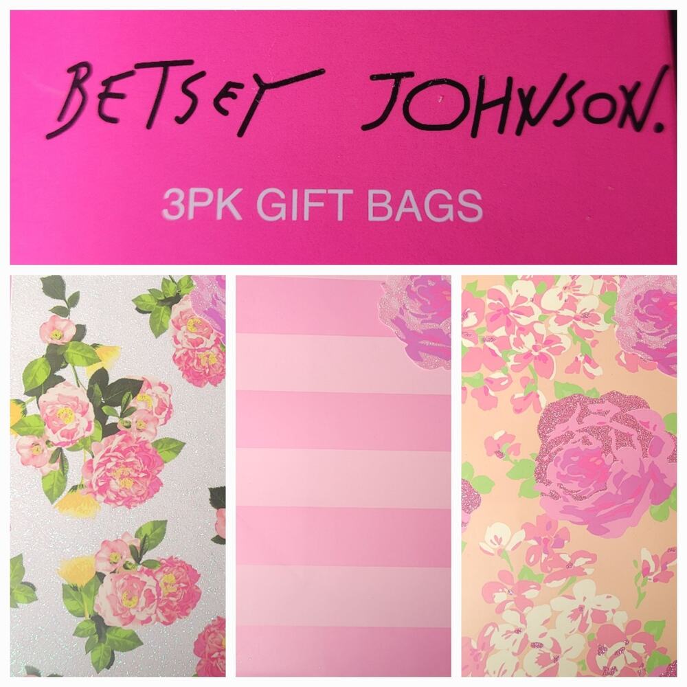 Betsey Johnson 3 Pack Gift Bags Petal Pink Flowers‎ Stripes Fairy Pixie Dust NWT